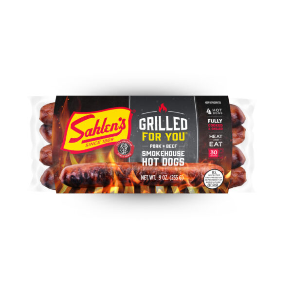9OZ package of Sahlen's® Grilled For You™ Pork & Beef Smokehouse Hot Dogs